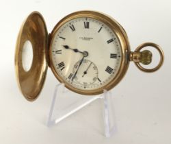 Gents 9ct cased half hunter pocket watch by Benson. Hallmarked Birmingham 1929. The white dial