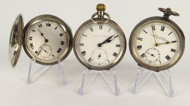 Four gents silver cased pocket watches, two open face, one half hunter and one full. All the white
