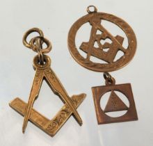 Three 9ct gold/tests 9ct Masonic fob pendants, total weight 8.2g.