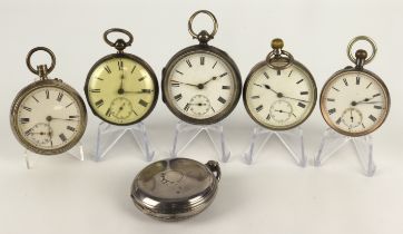 Six gents silver cased pocket watches, five open face one full hunter. All the white enamel dial