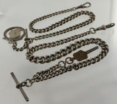 Two silver pocket watch chains, lengths 13", 18", includes two T-bars, half penny fob and a pocket