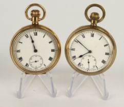 Two gents gold plated open face stem-wind pocket watches, unsigned. Both the white enamel dial