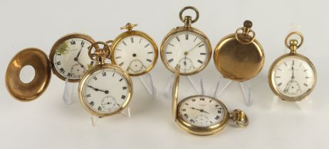 Seven gold plated gents pocket watches, four open face, two half hunter and one full hunter. All