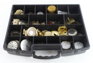 Assortment of pocketwatch spares and repairs contained in a toolbox, the cases gold plated and