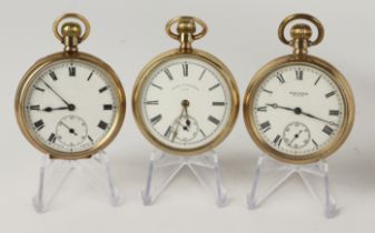 Three gold plated open face stem-wind pocket watches. All with white dials, Roman numerals and