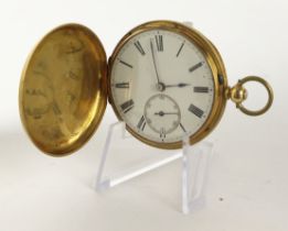 Gents 18ct cased full hunter key-wind pocket watch, hallmarked Chester 1862. The white enamel dial