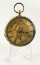 Gents 14k cased open face key wind pocket watch. The gilt dial with Roman numerals and subsidary