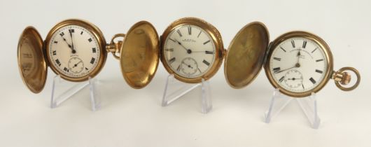 Three gents gold plated full hunter stem-wind pocket watches, signed Waltham Mass, Denco &