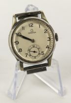 Gents stainless steel cased Omega manual wind wristwatch, 1943. The silvered dial with Arabic