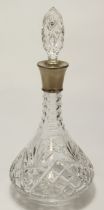 Large cut glass decanter with silver hallmarked collar, hallmarked 'Birmingham 1975', height 33cm