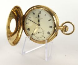 Gents 18ct cased half hunter stem-wind pocket watch by J.W.Benson, hallmarked London 1923. The white