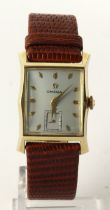 Gents 14ct cased Omega manual wind wristwatch, 1954. The silvered dial with gilt diamond markers and