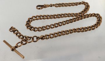 9ct rose gold Albert pocket watch chain, each curb linked '9.375', T-bar and dogclip stamped 'R.P,