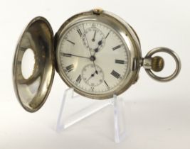 Gents silver 0.935 cased half hunter stem-wind chronograph pocket watch, Swiss Three Bears