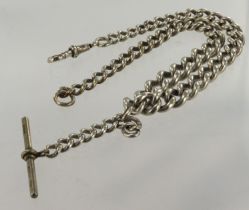 Silver vintage double Albert pocket watch chain, graduated curb links, one dog clip and T-bar,