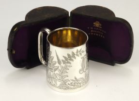 Attractive Victorian silver Christening mug engraved with ferns & initials, hallmarked GU (George