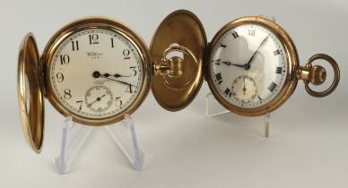 Two gold plated half hunter stem-wind gents pocket watches. Both the white enamel dial and subsidary