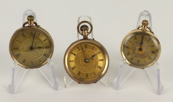 Three 14k cased open face stem-wind pocket watches. All gilt dials with Roman numerals, base metal