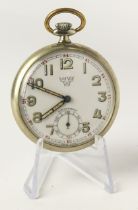 Swedish military issue steel cased open face stem-wind pocket watch. The white enamel dial with