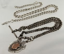 Two silver pocket watch chains, length 15.5" and 14", one with silver fob medal, ttoal weight 83.