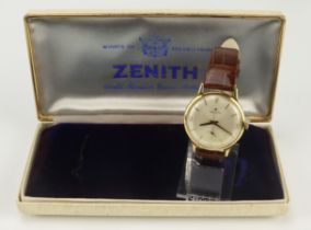 Gents 18ct cased Zenith manual wind wristwatch, circa 1960s. The silvered dial with gilt Arabic