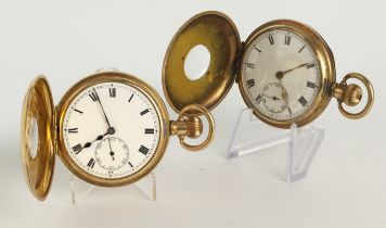 Two gents gold plated half hunter stem-wind pocket watches, unsigned. Both the white enamel dial