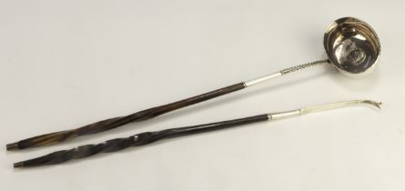 18th c. (probably) unmarked silver punch ladle with twisted whalebone handle, bowl inset with a