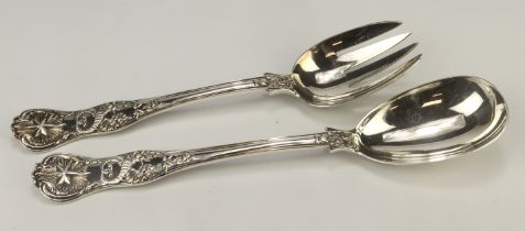 Very rare King's pattern variant shape "Star & Cornucopia", large silver serving spoon & fork - both