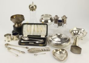Mixed Silver. A group of various hallmarked silver items, including cruets, vanity items, tongs,