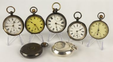 Seven silver cased gents pocket watches, two full hunter the rest open face. All with white dials