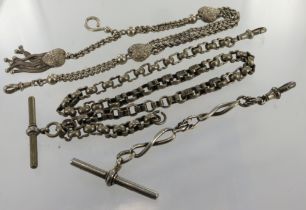 Three silver antique pocket watch chains, lengths 11", 16", 4", total weight 49.5g.