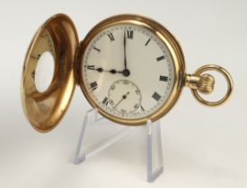 Gents 9ct cased half hunter stem-wind pocketwatch, hallmarked Birmingham 1929. The white enamel dial