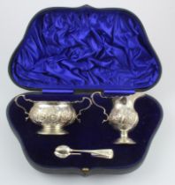 Boxed silver composite set of cream jug, sugar bowl and sugar tongs, lovely fitted box, silver cream