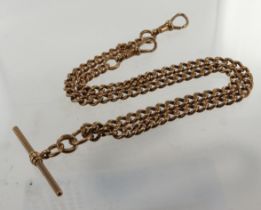 9ct rose gold Albert watch chain, curb link chain each stamped '9.375', T-bar and two dog clips