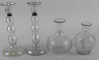 Mary Gregory Victorian water carafe plus another water carafe engraved with a picture of Holyrood