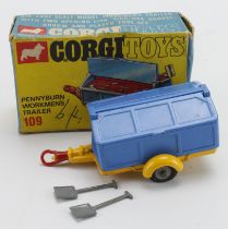 Corgi Toys, no. 109 'Pennyburn Workmens Trailer', with two shovels, contained in original box