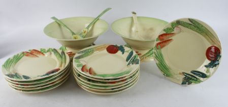 Clarice Cliff. A group of two Clarice Cliff pedestal salad bowls, with twelve matching salad plates,