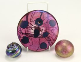 John Ditchfield. Three John Ditchfield Glasform paperweights, lily pad missing frog, makers label to