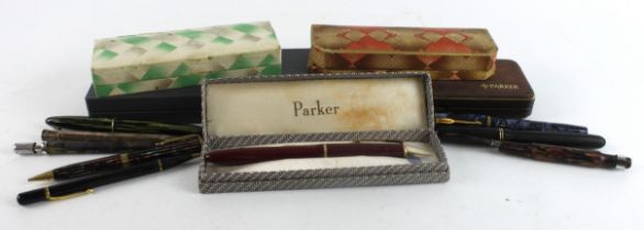 Pens. A collection of nineteen fountain pens, pencils etc., makers include Parker, Conway Stewart,