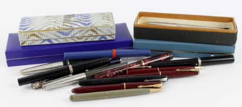 Pens. A collection of approximately eighteen fountain pens, ballpoint pens, pencils, etc., makers