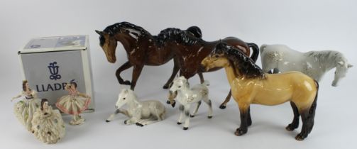 Figures. A collection of various porcelain figures, including Beswick horses, Dresden, Royal