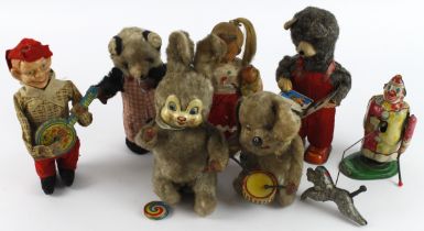 Clockwork. A group of six clockwork toys (incl. tinplate), tallest 18cm approx. (sold as seen)