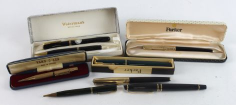 Pens & Pencils. A group of nine pens & pencils, comprising Waterman, Parker & Yard O Led