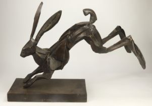 Sophie Dickens (b. 1966): Bronze study of a leaping hare. Stamped SD 04 and numbered 3/10,