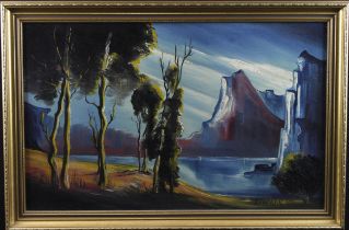 R. Parker. Oil on canvas, post impressionist, depicting a lake scene surrounded by mountains and