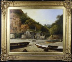 Oil on canvas, coastal scene depicting a stone built cottage with thatched roof and boats to