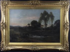 R. Sherrin. Oil on canvas, lanscape depicting a river scene surrounded by trees, with two figures,