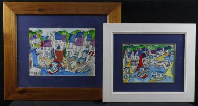 Celia Duncan. Two acrylics, one titled 'Music in Looe', the other unnamed depicting a fishing