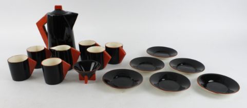 Clarice Cliff 'Yoo Hoo' pattern coffee set, comprising six coffee cups & saucers, coffee pot, milk