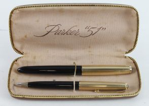 Parker 51 Aerometric black fountain pen & pencil set, both with 12ct rolled gold caps, contained